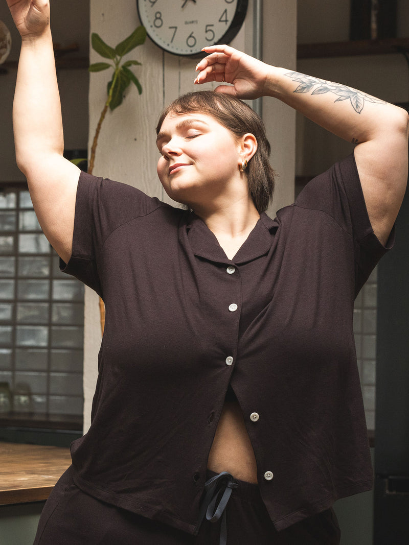 sustainable lyocell pjs, brown plus size pajamas, made in canada