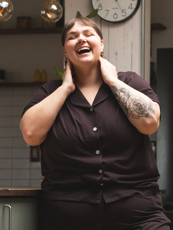 sustainable lyocell pjs, brown plus size pajamas, made in canada