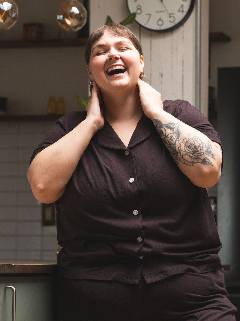 sustainable lyocell pjs, brown plus size pajamas, made in canada