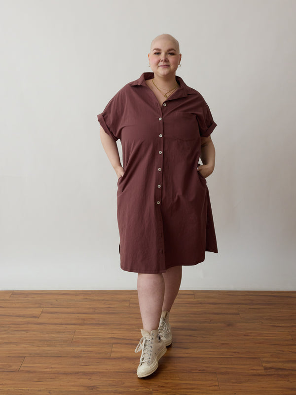 Ethically made button down dress, nursing friendly, plus size inclusive, t-shirt dress