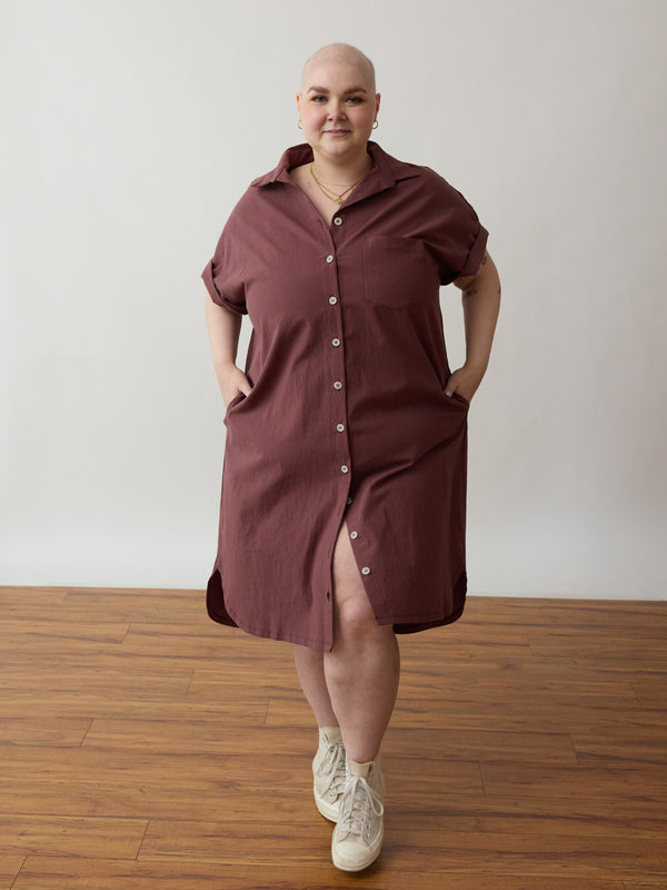 Ethically made button down dress, nursing friendly, plus size inclusive, t-shirt dress