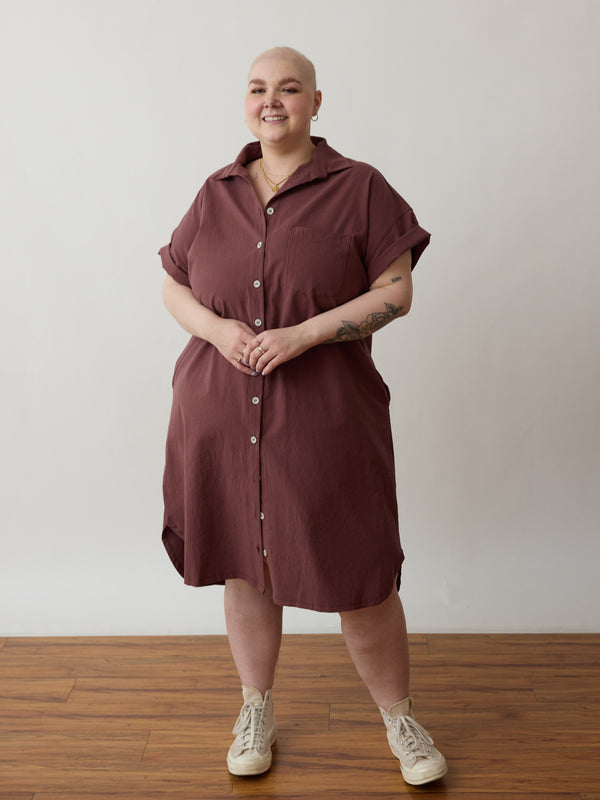 Ethically made button down dress, nursing friendly, plus size inclusive, t-shirt dress