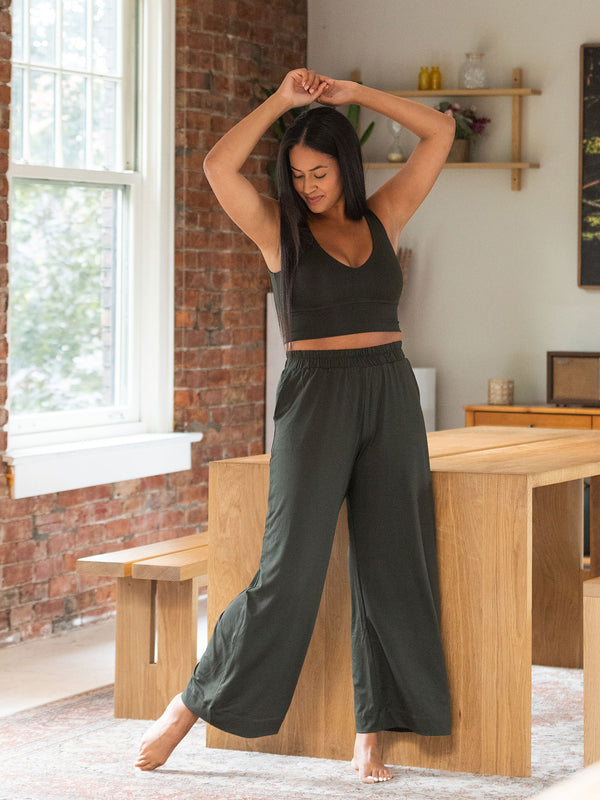 Canadian made dark green wide leg bamboo pants