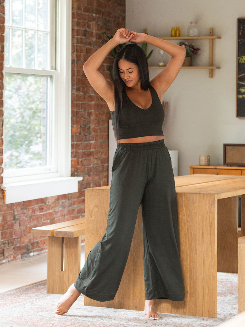 Canadian made dark green wide leg bamboo pants
