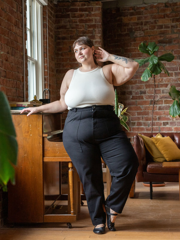 curve friendly utility pant. Non stretch straight leg pants made in canada. size inclusive