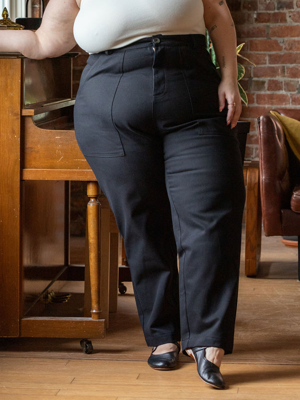 curve friendly utility pant. Non stretch straight leg pants made in canada. size inclusive