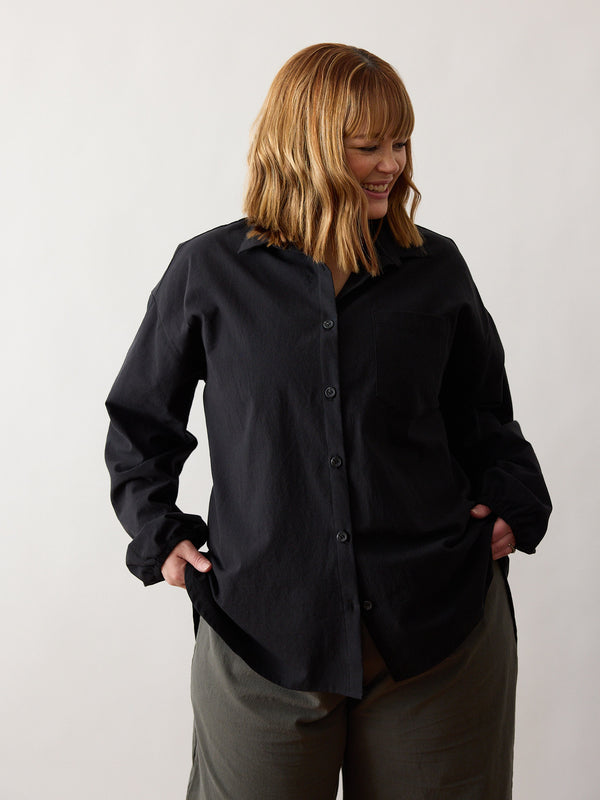 Free Label - Ethical & Sustainable Clothing Based in Vancouver, BC - Plus Size Model - Size XL Model - Black Cotton Button Up Shirt