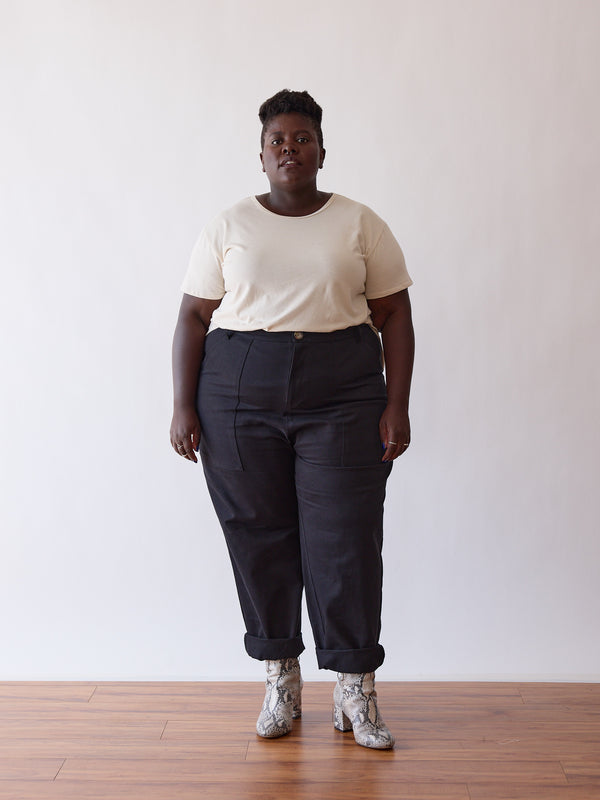 curve friendly utility pant. Non stretch straight leg pants made in canada. size inclusive