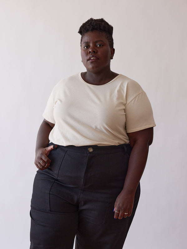 curve friendly utility pant. Non stretch straight leg pants made in canada. size inclusive